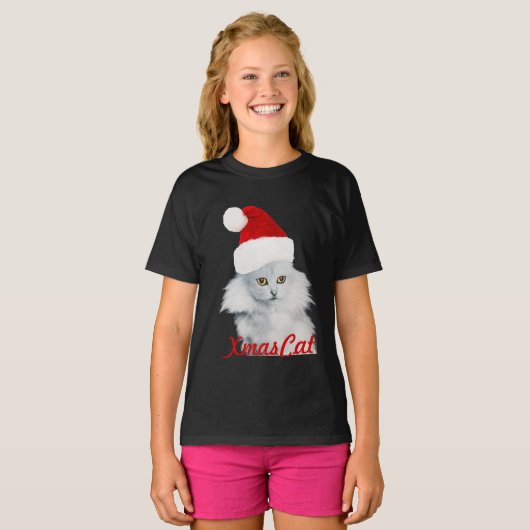 サンタクロース帽子をかぶった白いクリスマス猫 Tシャツ (正面フル)