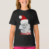 サンタクロース帽子をかぶった白いクリスマス猫 Tシャツ (正面)