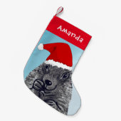 サンタクロース帽子キッズと可愛い草原の犬 スモールクリスマスストッキング (正面 (吊り時))