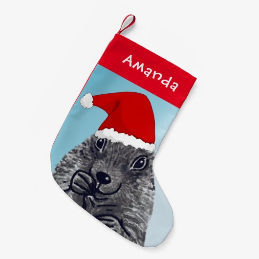 サンタクロース帽子キッズと可愛い草原の犬 スモールクリスマスストッキング (正面 (吊り時))