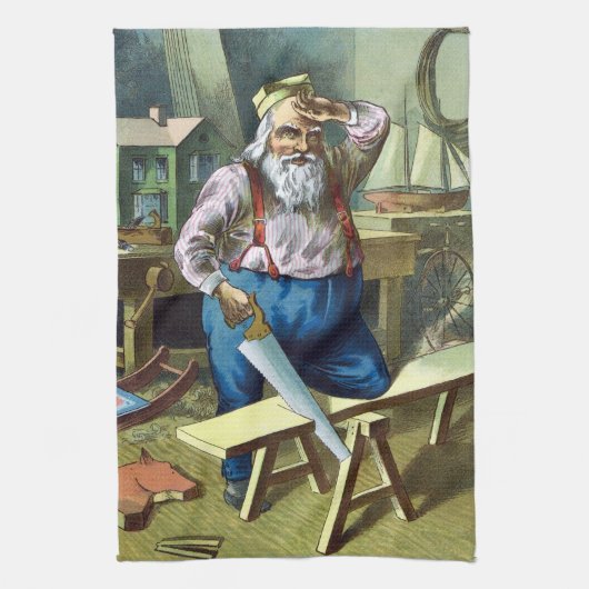 サンタクロース建物おもちゃ見たヴィンテージクリスマス キッチンタオル (縦)