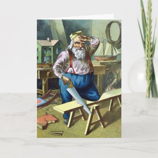 サンタクロース建物おもちゃ見たヴィンテージクリスマス シーズンカード (正面)