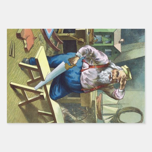 サンタクロース建物おもちゃ見たヴィンテージクリスマス ラッピングペーパーシート (正面)