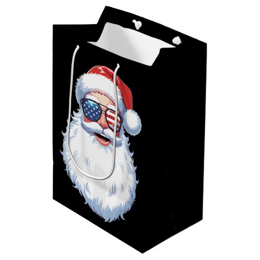 サンタクロース愛国的USAサングラスクリスマス ミディアムペーパーバッグ (正面アングル)