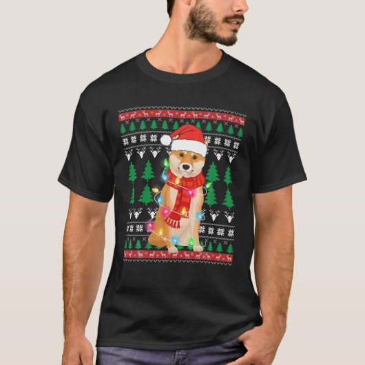 サンタクロース柴犬クリスマス照明ブリークリスマス Tシャツ (正面)