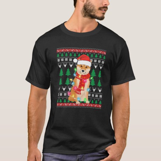 サンタクロース柴犬クリスマス照明ブリークリスマス Tシャツ (正面)