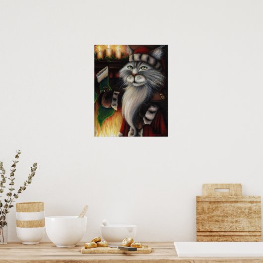 サンタクロース猫クリスマスストッキングアートポスター ポスター (キッチン)