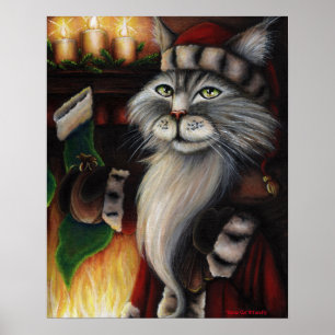 サンタクロース猫クリスマスストッキングアートポスター ポスター