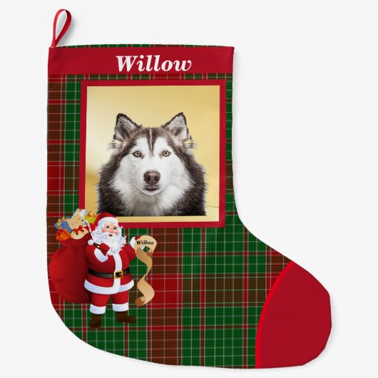 サンタクロース良い犬リスト写真名大きなクリスマス ラージクリスマスストッキング (正面)