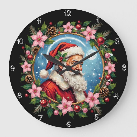 サンタクロース芸術的クリスマスリース ラージ壁時計 (正面)