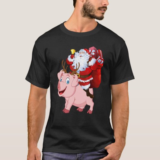 サンタクロース豚トナカイに乗るクリスマスパジャマ Tシャツ (正面)