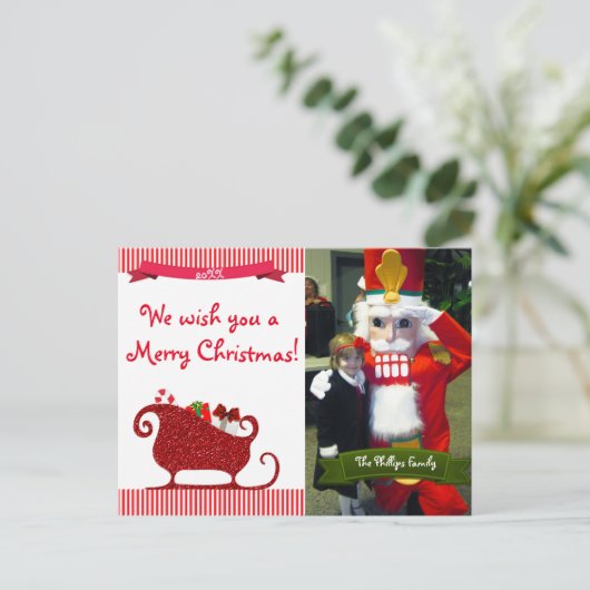 サンタクロース赤グリッターそり写真はがき シーズンポストカード (スタンド正面)