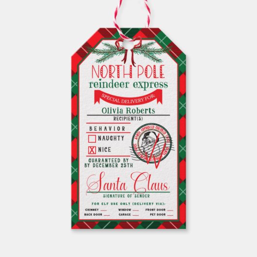 サンタクロース赤&グリーンタータンチェッククリスマスから ギフトタグ (正面)