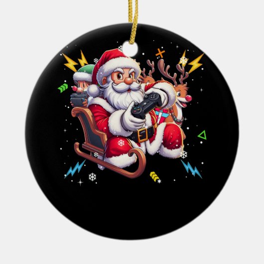 サンタクロース遊のゲームクリスマスゲーマー動画ゲーム セラミックオーナメント (正面)