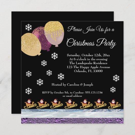 サンタクロース金ゴールドグリッターパーティーバルーズクリスマス 招待状 (正面/裏面)