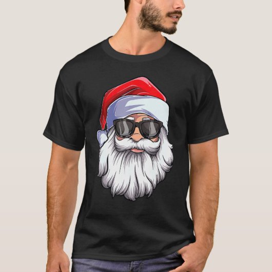 サンタクロース顔サングラスと帽子ひげクリスチム Tシャツ (正面)