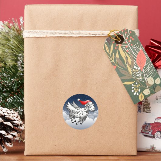 サンタクロース飛んでいるクリスマスヒツジ ラウンドシール (クリスマス)