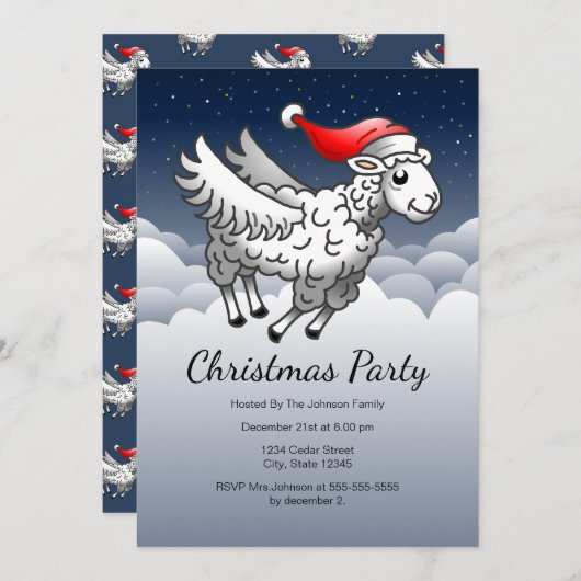 サンタクロース飛んでいるクリスマスヒツジ 招待状 (正面/裏面)
