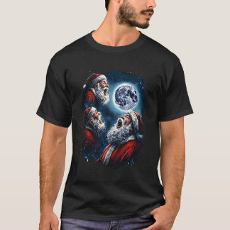 サンタクロース3人が月に吠えるおもしろクリスマスグッズ Tシャツ