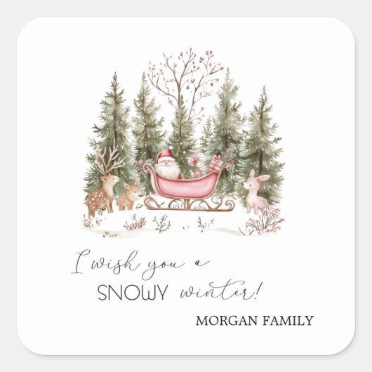 サンタクロース、そり、プレゼントの森のクリスマス スクエアシール (正面)