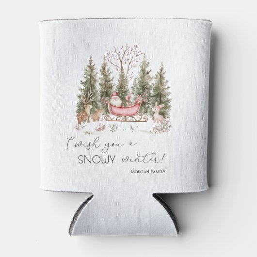 サンタクロース、そり、プレゼントの森のクリスマス 缶クーラー (正面)