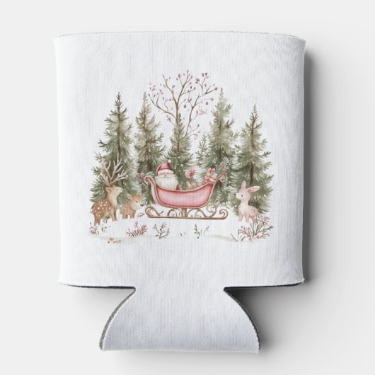 サンタクロース、そり、プレゼントの森のクリスマス 缶クーラー (裏面)