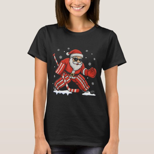 サンタクロース アイスホッケー ゴールキーパー クリスマス Tシャツ (正面)