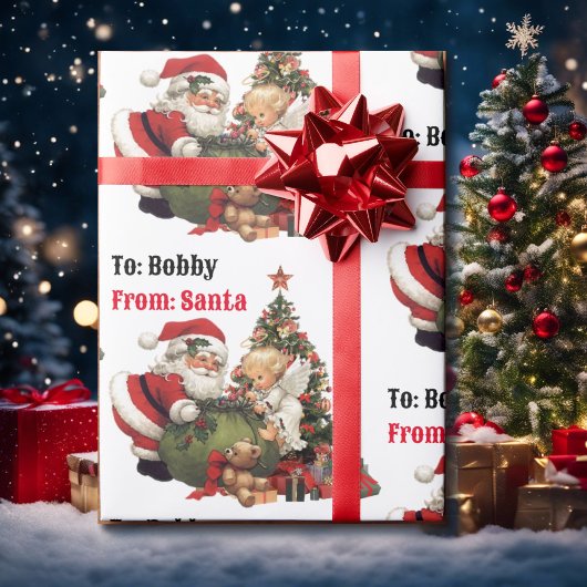 サンタクロース&エンジェルパーソナライズネームクリスマス ラッピングペーパー