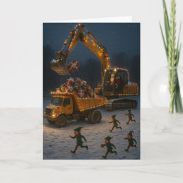 サンタクロース、クリスマスエルフ、掘削機のクリスマスカード カード