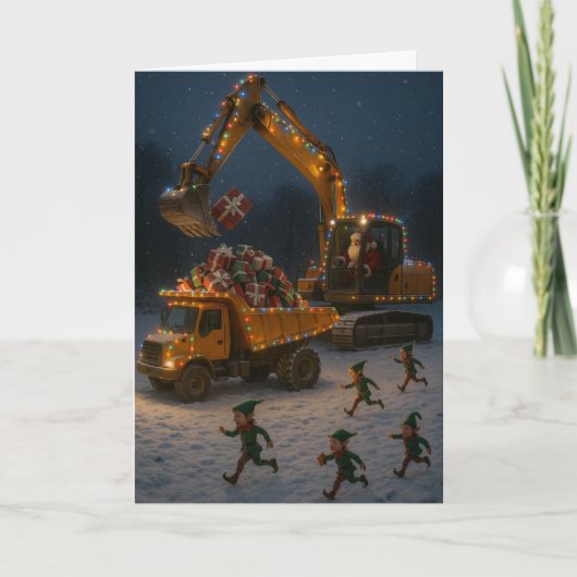 サンタクロース、クリスマスエルフ、掘削機のクリスマスカード カード (正面)