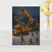 サンタクロース、クリスマスエルフ、掘削機のクリスマスカード カード (黄色い花)
