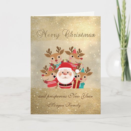 サンタクロース、クリスマスディア、キラキラ、ホリデーカード シーズンカード (正面)