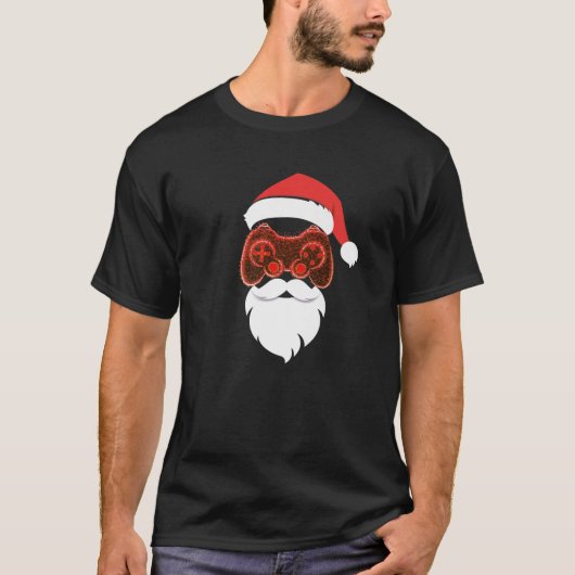 サンタクロース クリスマスパジャマ ゲーマー メリークリスマス Tシャツ (正面)