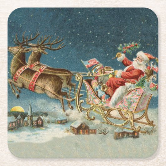 サンタクロース クリスマス アンティーク ソリ トナカイ スクエアペーパーコースター (正面)