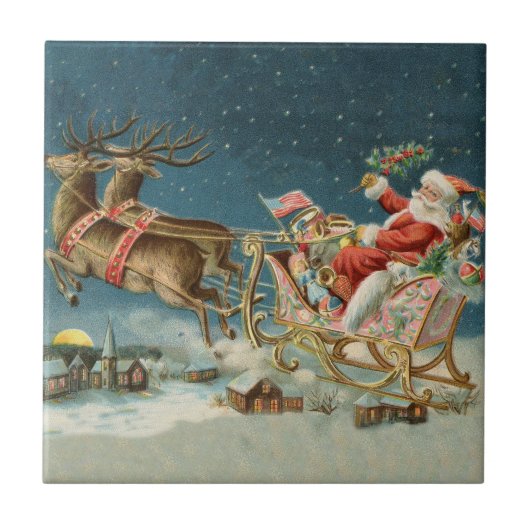 サンタクロース クリスマス アンティーク ソリ トナカイ タイル (正面)