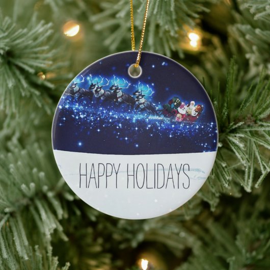 サンタクロース、トナカイ、そりとブルーナイト セラミックオーナメント (ツリー)