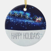 サンタクロース、トナカイ、そりとブルーナイト セラミックオーナメント (正面)