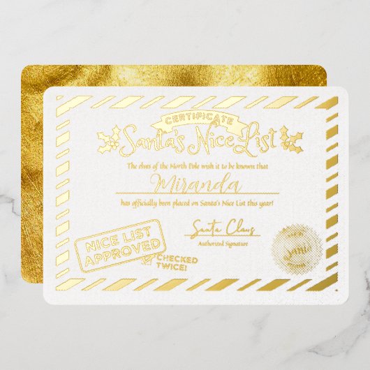 サンタクロース ナイスリスト 証明書 カスタム ゴールド 箔招待状 (正面/裏面)