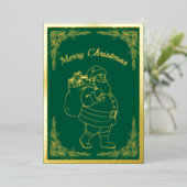 サンタクロース、プレゼント、グリーン、金ゴールド 箔シーズンカード (立ち正面)