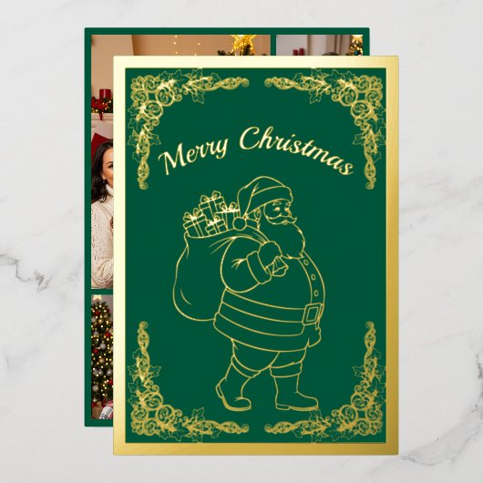 サンタクロース、プレゼント、グリーン、金ゴールド 箔シーズンカード (正面/裏面)