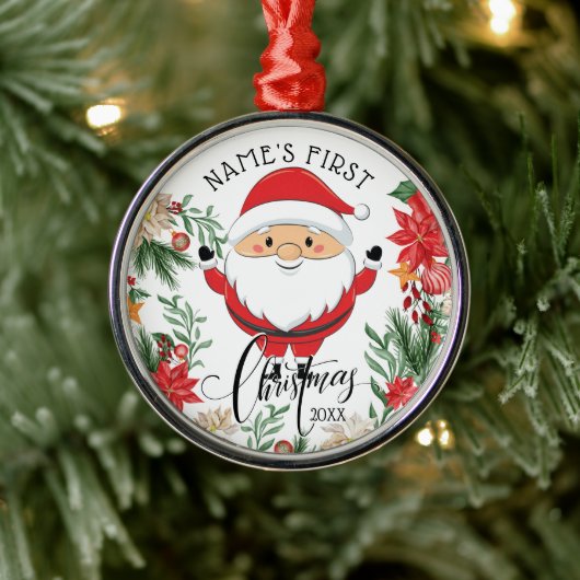 サンタクロース&ポインセチアベビー初めてのクリスマス メタルオーナメント (ツリー)
