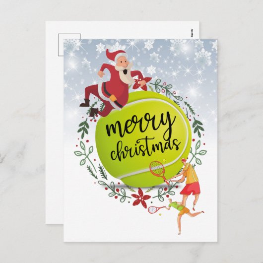 サンタクロース・メリークリスマスの後ろのテニスボール シーズンポストカード (正面/裏面)