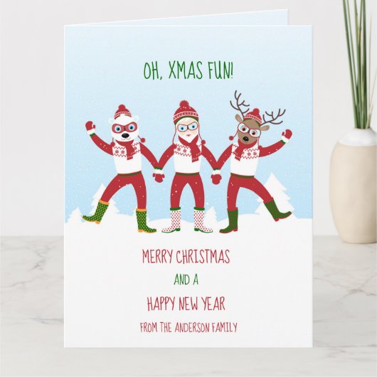 サンタクロース、ルドルフ、ホッキョクグマとのクリスマス カード (正面)