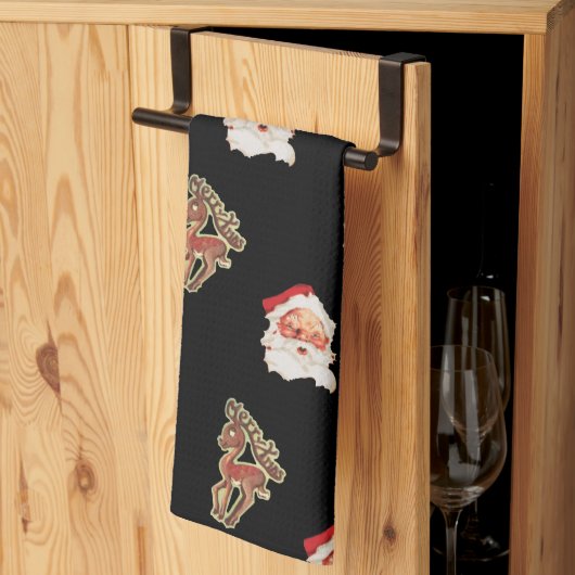 サンタクロース、ヴィンテージクリスマスパターン キッチンタオル (三つ折り)