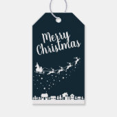 サンタクロース、家の上のそりとトナカイ付き ギフトタグ (正面)