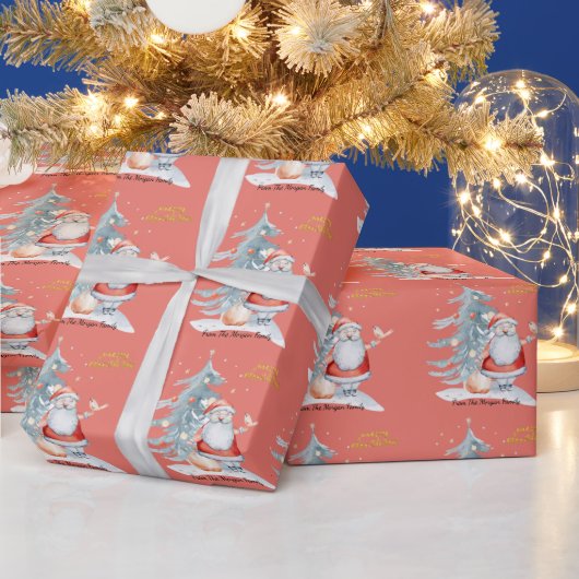 サンタクロース 松の木 クリスマス 赤 ラッピングペーパー (クリスマス)