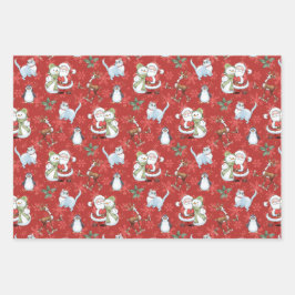 サンタクロース、雪だるま、トナカイ、ネコ ラッピングペーパーシート