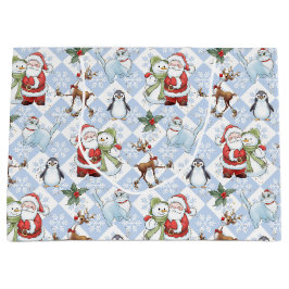 サンタクロース、雪だるま、ルドルフ、ネコ ラージペーパーバッグ