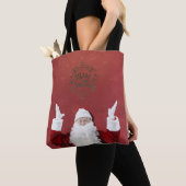 サンタクロース、雪の結晶、赤 トートバッグ (クローズアップ)