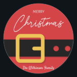 サンタクロースMerry Christmasステッカー – カスタマイズ可能 ラウンドシール<br><div class="desc">ホリデーステッカーデザインは、美しいユニークサンタクロースデザインと金ゴールドとブラックレザーベルトを備えている。おカスタム名前の文字は必要パーソナライズされたに応じて。</div>
